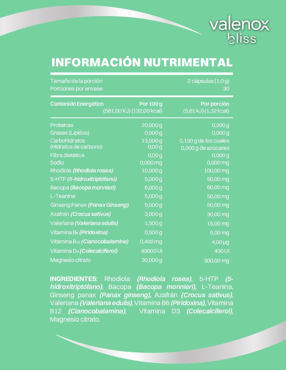 Valenox Bliss con valeriana, pasiflora, magnesio, manzanilla y vitamina b6 3