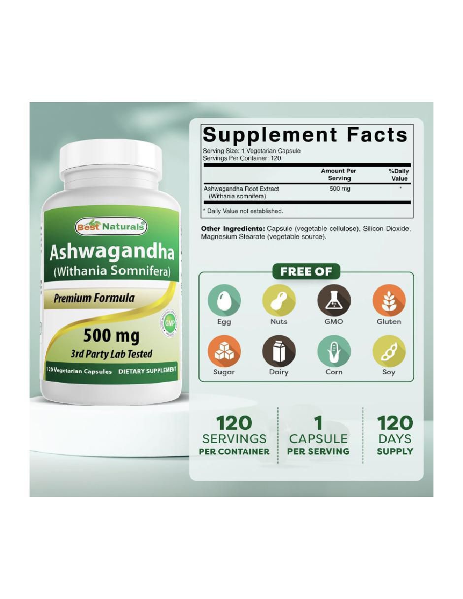 Ashwagandha 500mg 120 cáp con ashwagandha de 120 cápsulas 2