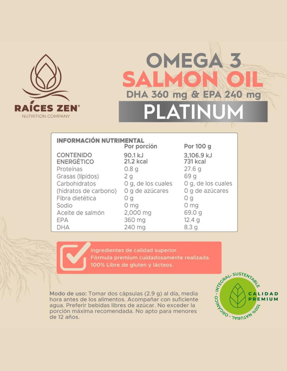 Omega 3 Salmon Oil Platinum Raices Zen de 120 cápsulas 7
