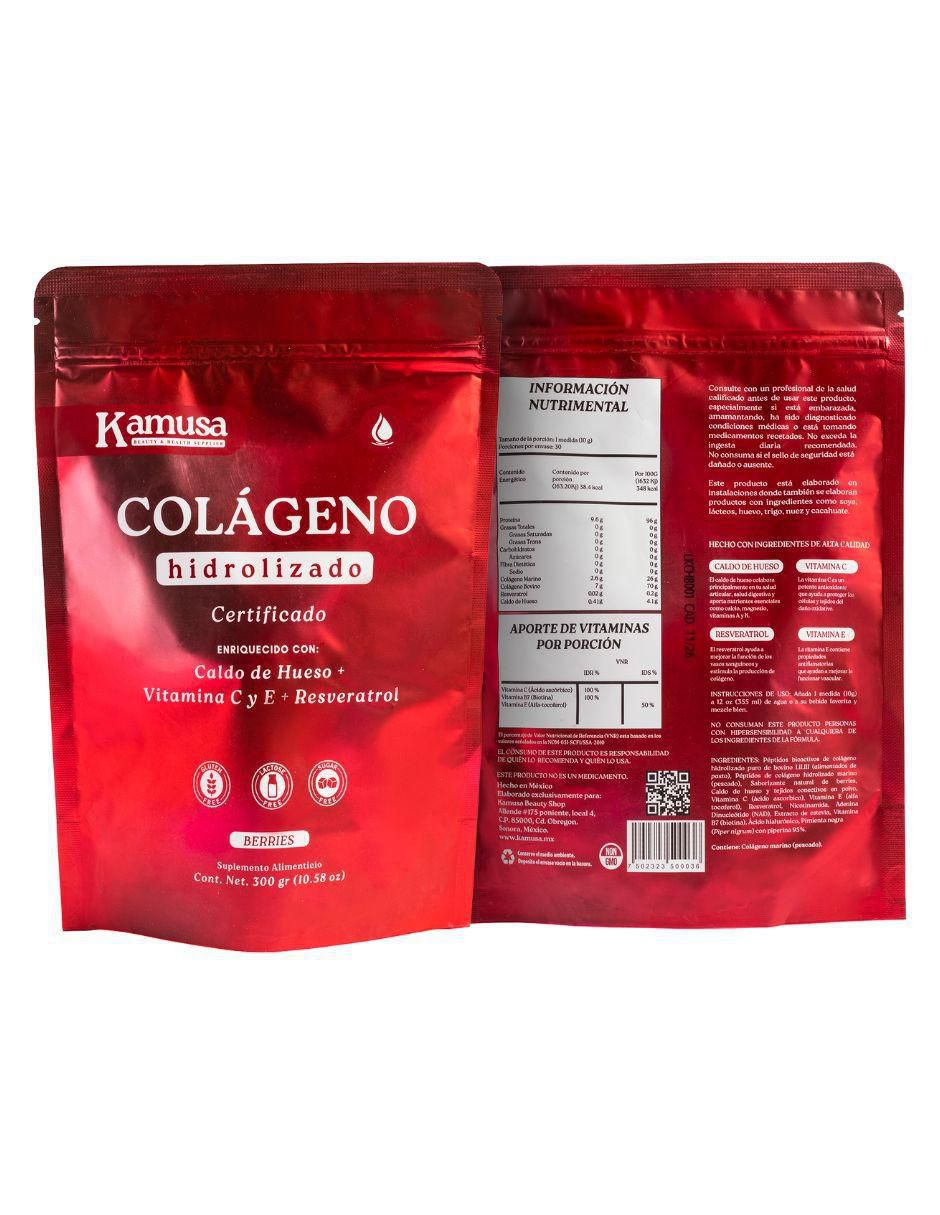 Colágeno Hidrolizado con Péptidos de Colágeno Hidrolizado Bovino y Marino I II y III, Caldo de Hueso, Resveratrol y Vitamina C y E sabor berry de 300 g 2
