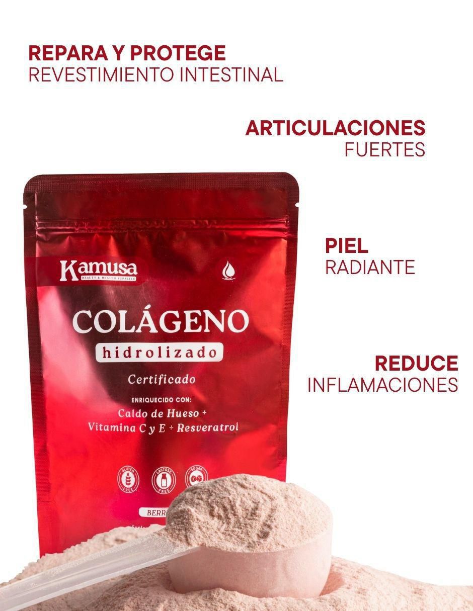 Colágeno Hidrolizado con Péptidos de Colágeno Hidrolizado Bovino y Marino I II y III, Caldo de Hueso, Resveratrol y Vitamina C y E sabor berry de 300 g 3