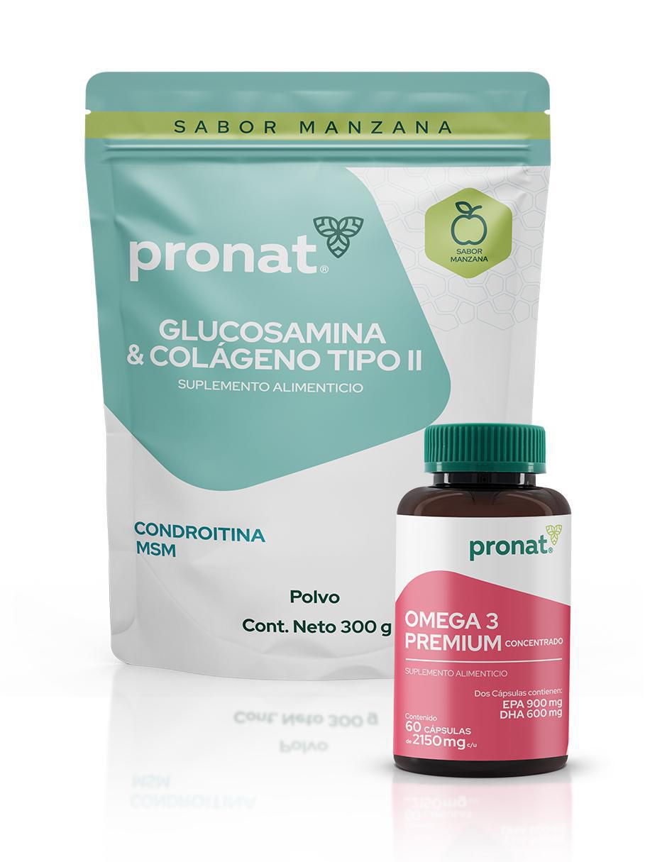 Set de suplementos alimenticios de Omega 3 premium y glucosamina & colágeno tipo II de diferentes sabores