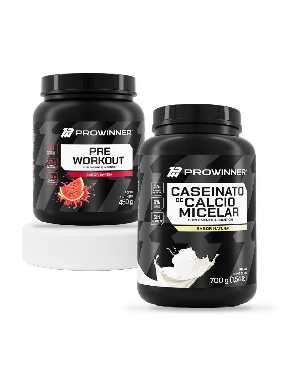 Set de suplementos de preworkout sandia y caseinato de calcio micelar