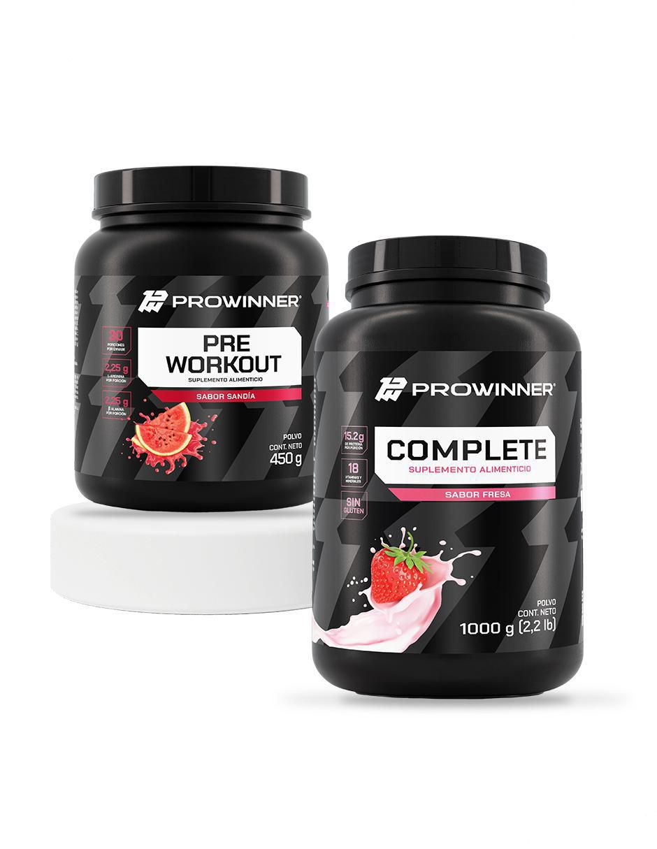 Set de suplementos de PreWorkout Sandia y Complete Fresa con proteína de suero de leche Set de suplementos de PreWorkout Sandia y Complete Fresa con proteína de suero de leche