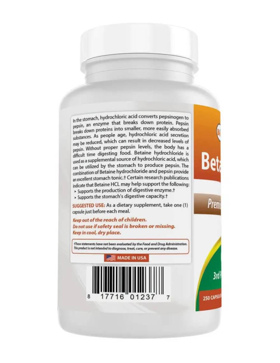 Betaine HCL 648 mg con pepsina de 250 cápsulas 3