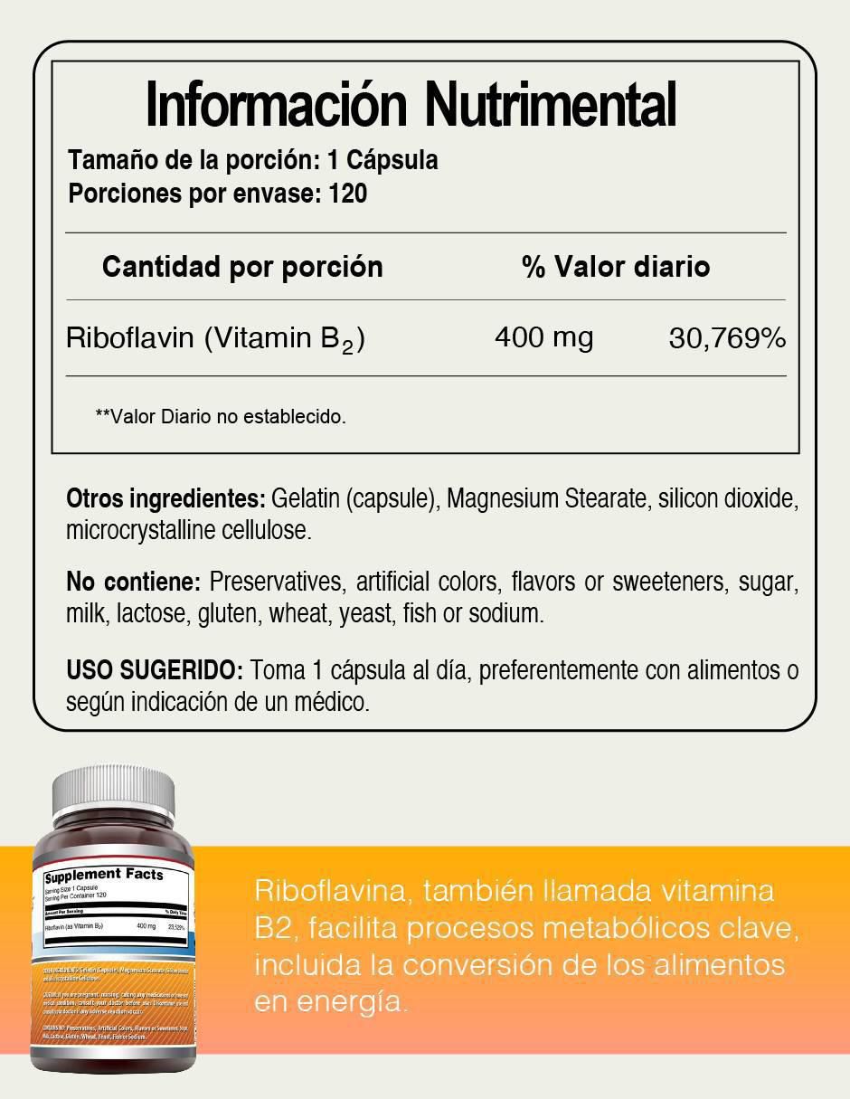 Riboflavina vitamina B2 suplemento energía y salud celular de 120 cápsulas 5