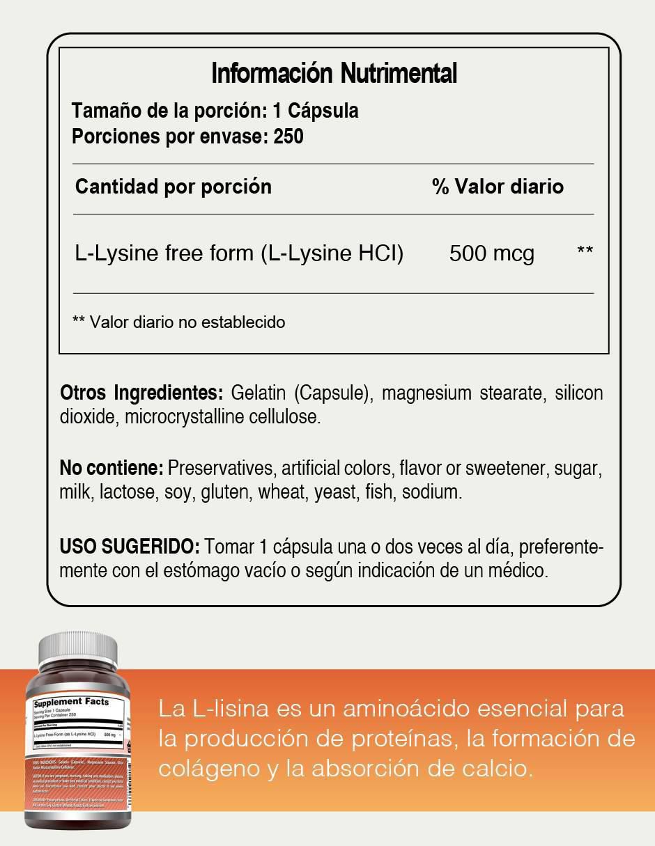 L-lisina suplemento aminoácido esencial para inmunidad y colágeno con lisina de 250 tabletas 5