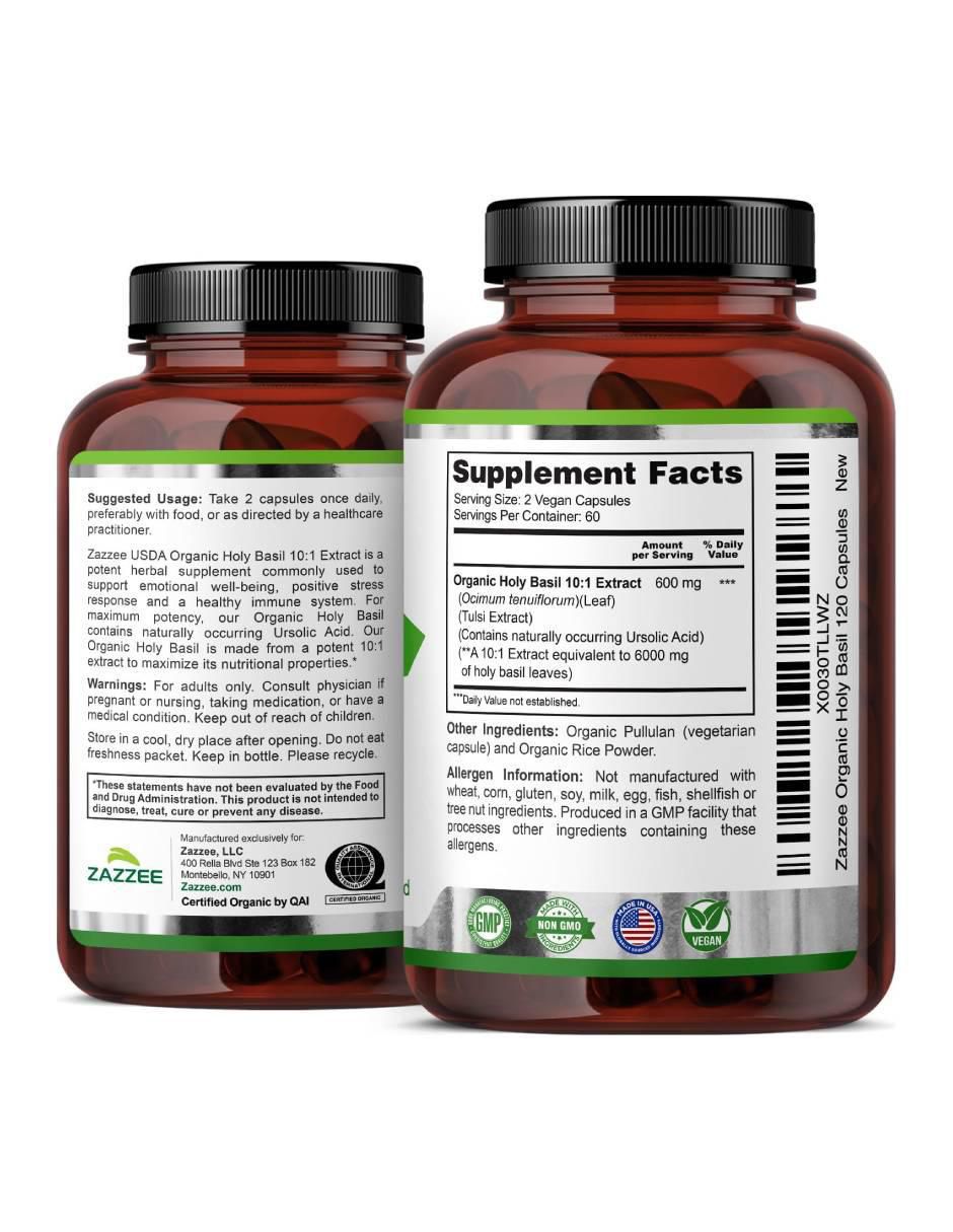 Albahaca sagrada orgánica suplemento antiestrés y apoyo inmunológico con tulsi-holy basil de 120 cápsulas 2