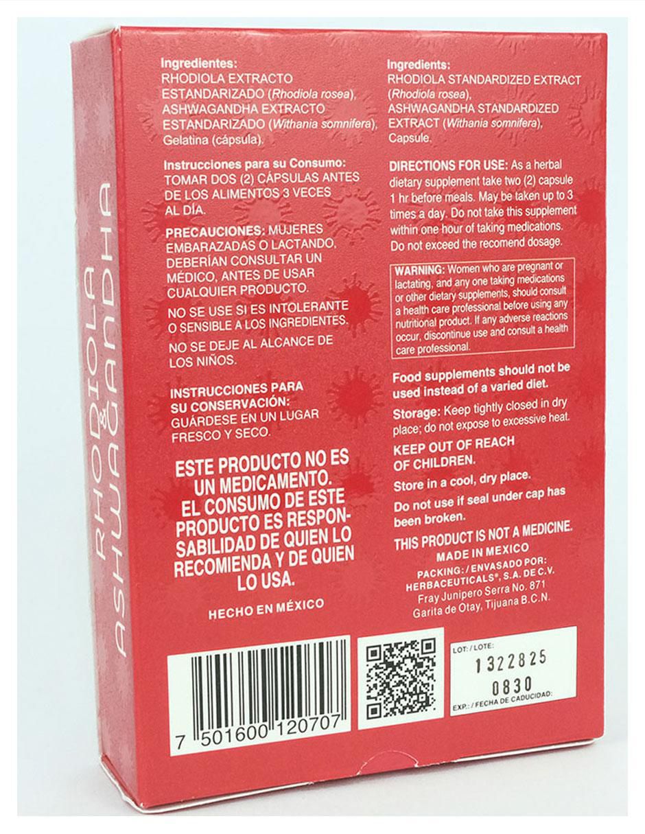 Suplemento alimenticio rhodiola y ashwagandha de 60 cáp 2