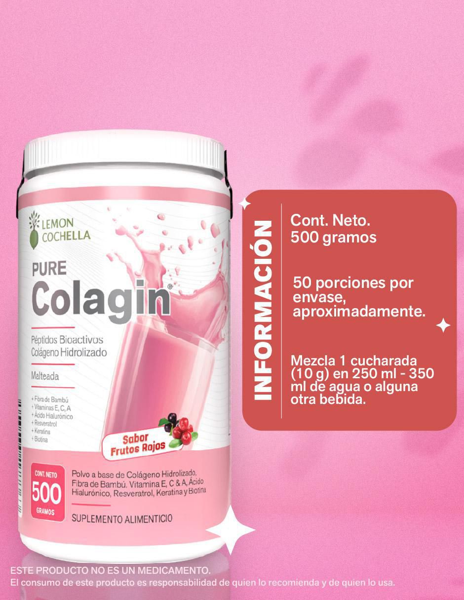 Pure colagin péptidos bioactivos con colágeno hidrolizado, fibra de bambú, vitamina E, C y A, ácido hialurónico, resveratrol, keratina y biotina sabor frutos rojos de 500 g 6