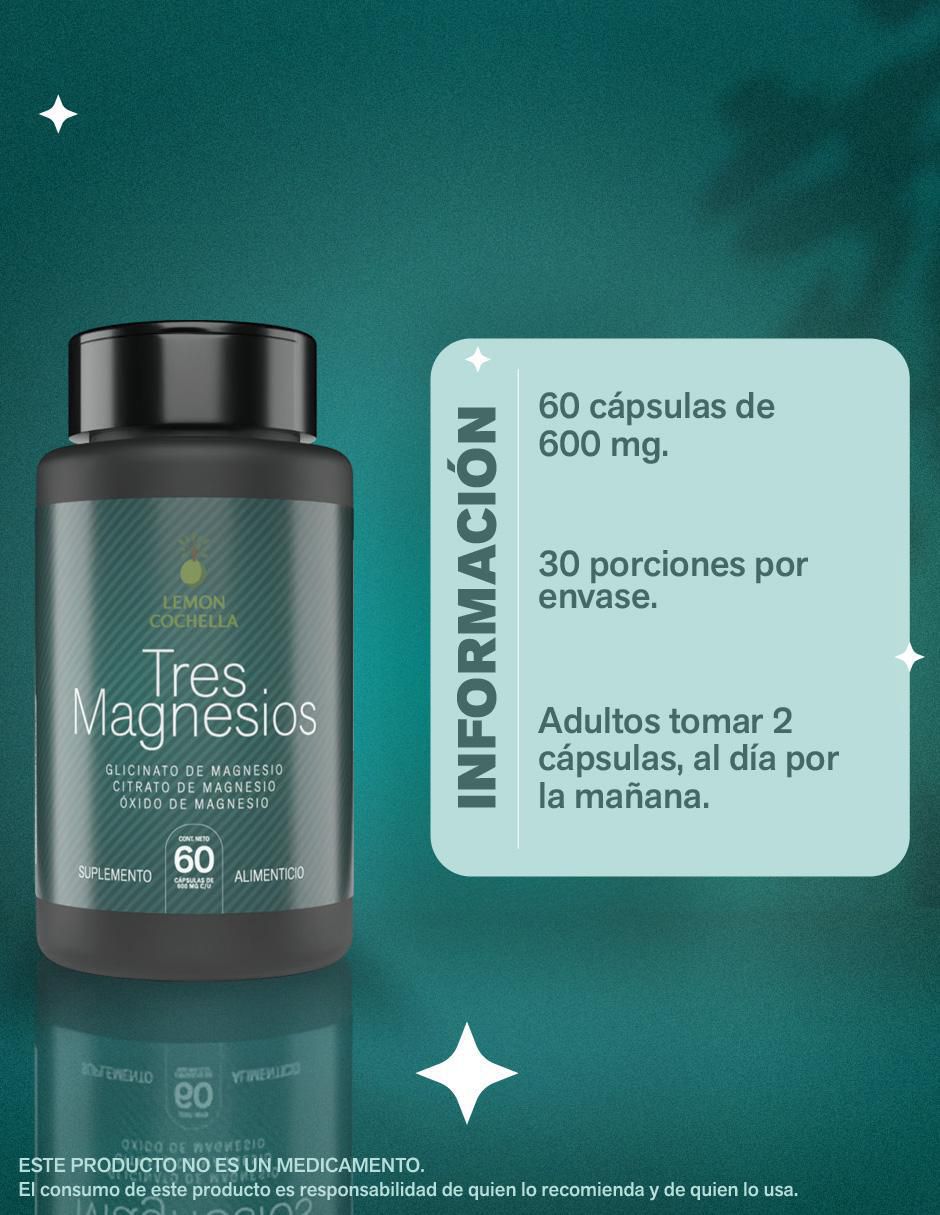 Tres magnesios con glicinato de magnesio, citrato de magnesio y oxido de magnesio de 60 cápsulas 4