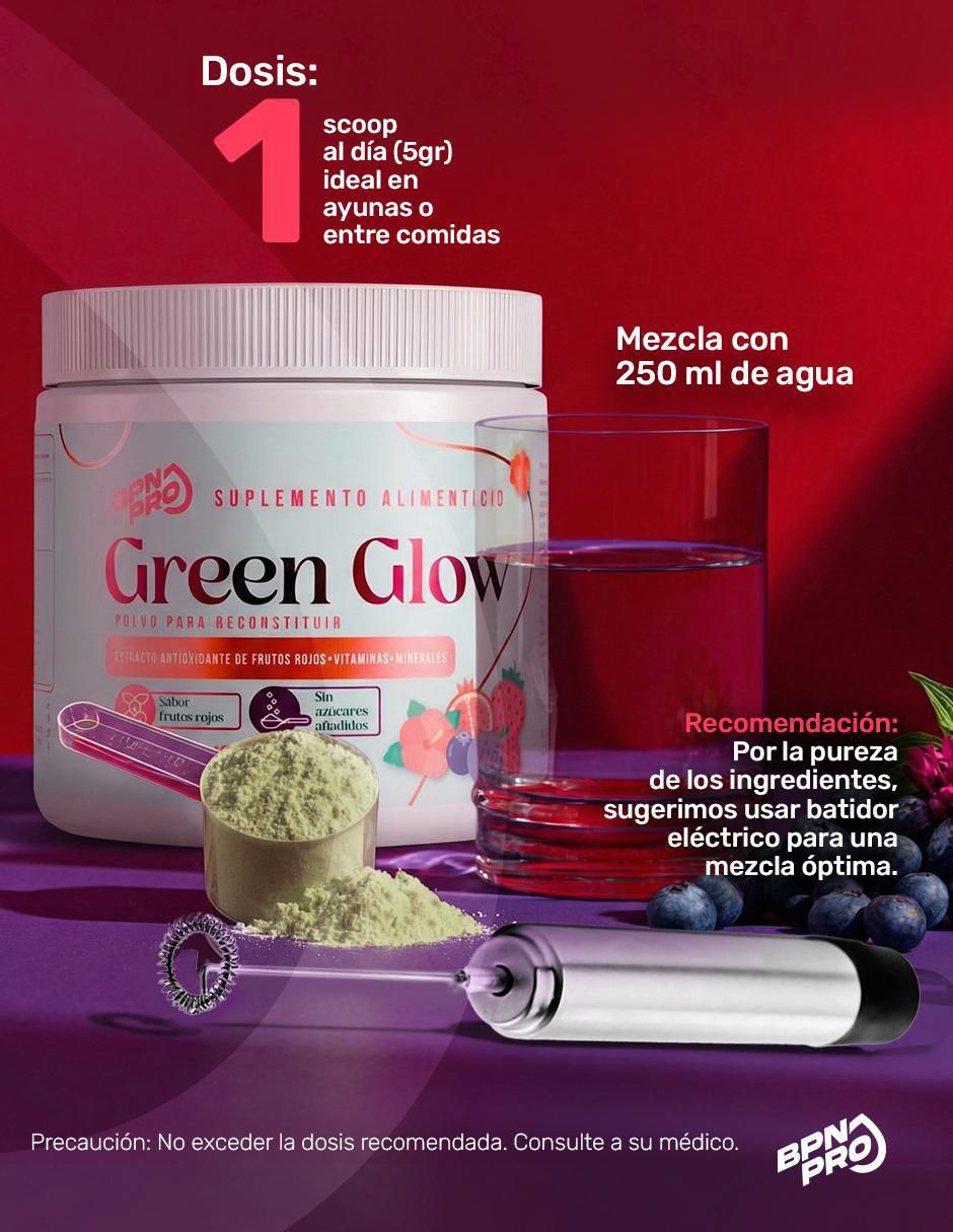 Suplemento alimenticio Green Glow con vitaminas y minerales sabor frutos rojos de 150 g 5