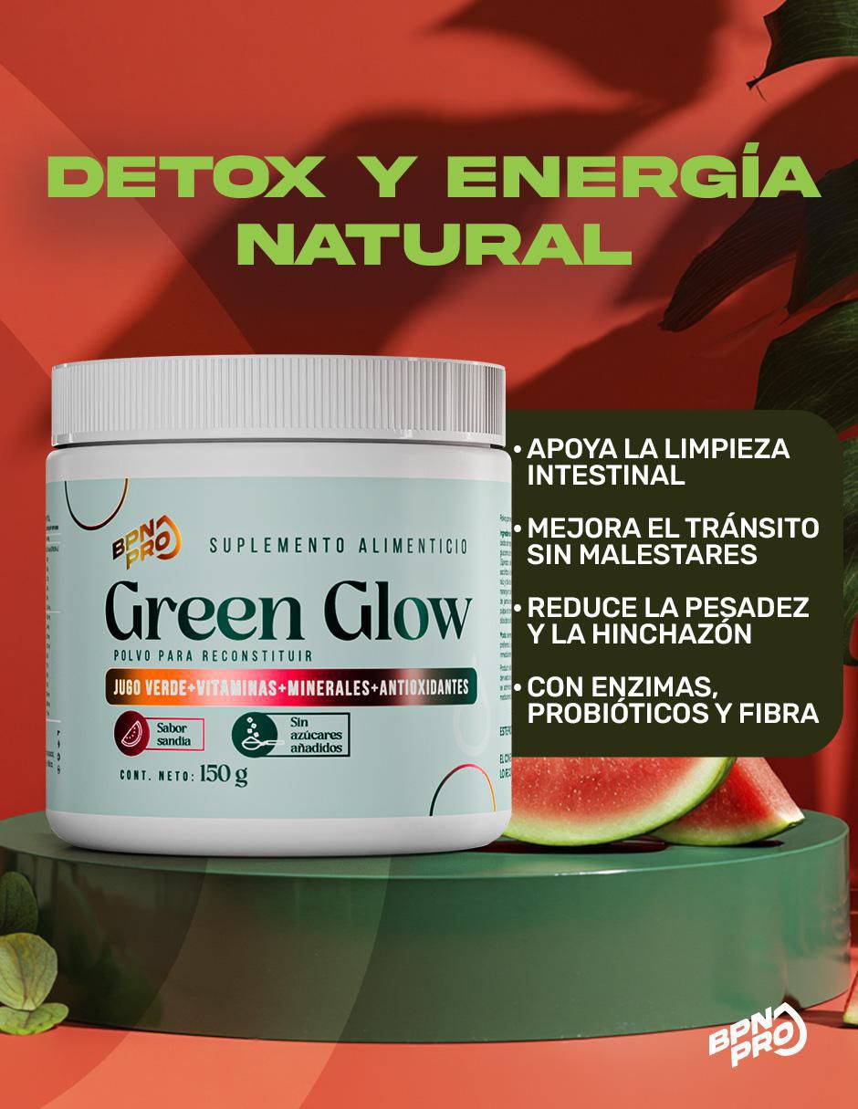 Green Glow Jugo Verde con Alfalfa, Apio, Nopal, Espinaca, Zanahoria, Naranja, Jengibre, Piña, Vitaminas, Calcio y Astaxantina sabor sandía de 150 g 3