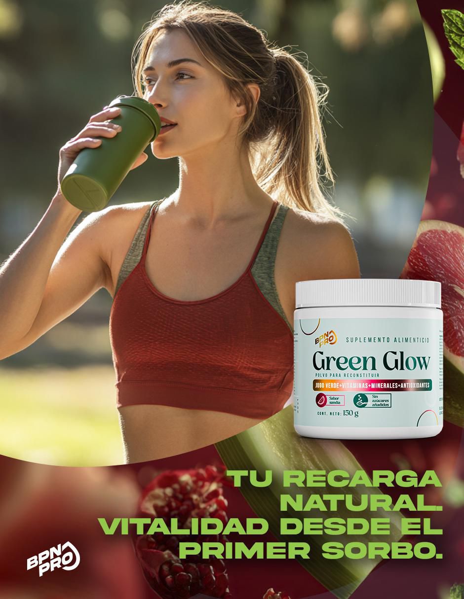 Green Glow Jugo Verde con Alfalfa, Apio, Nopal, Espinaca, Zanahoria, Naranja, Jengibre, Piña, Vitaminas, Calcio y Astaxantina sabor sandía de 150 g 4