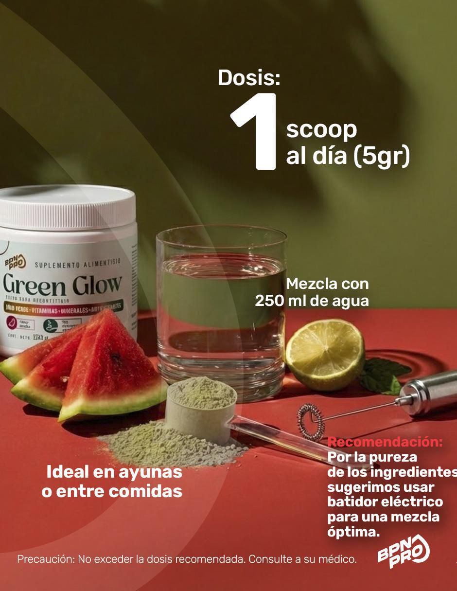 Green Glow Jugo Verde con Alfalfa, Apio, Nopal, Espinaca, Zanahoria, Naranja, Jengibre, Piña, Vitaminas, Calcio y Astaxantina sabor sandía de 150 g 6