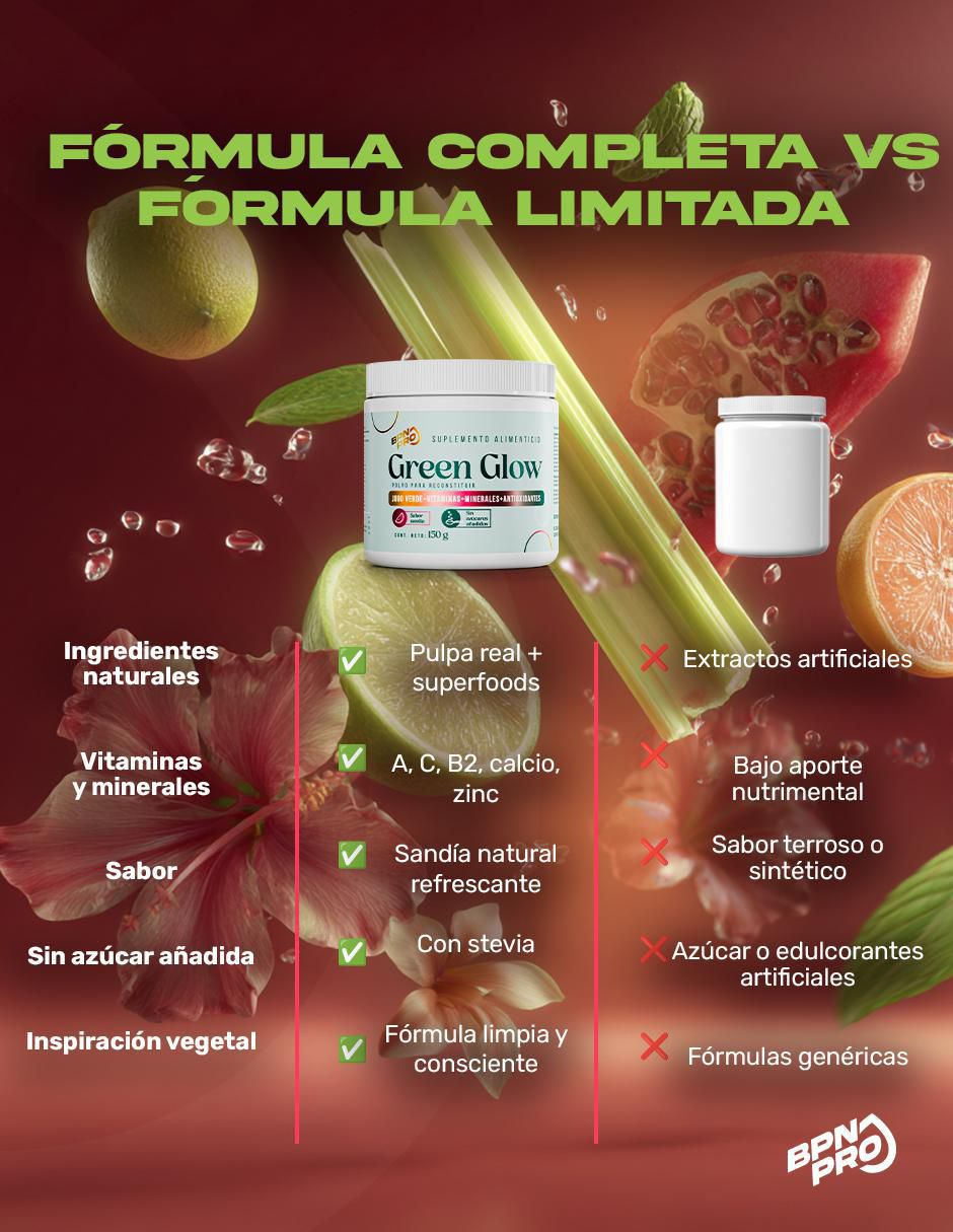 Green Glow Jugo Verde con Alfalfa, Apio, Nopal, Espinaca, Zanahoria, Naranja, Jengibre, Piña, Vitaminas, Calcio y Astaxantina sabor sandía de 150 g 7