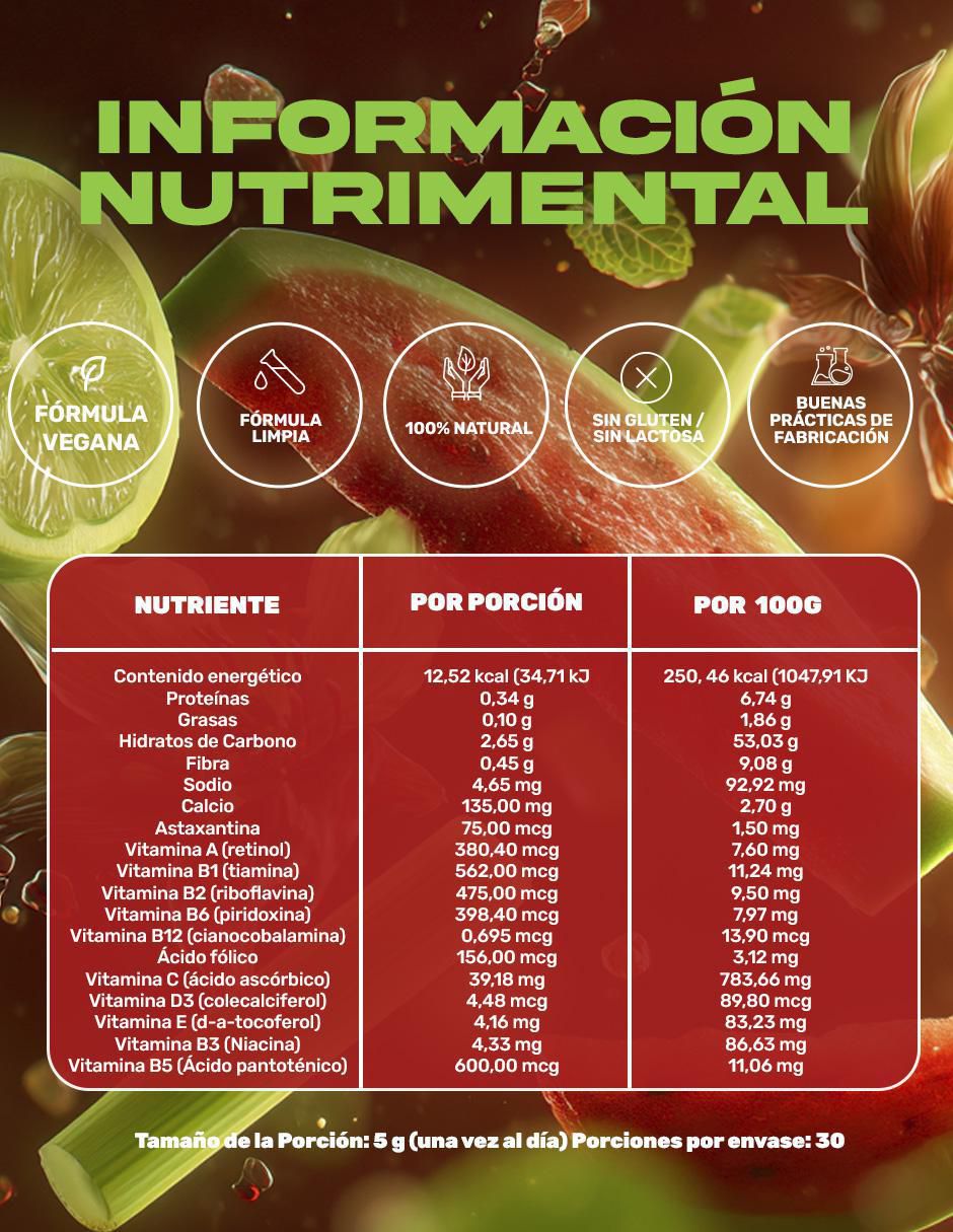 Green Glow Jugo Verde con Alfalfa, Apio, Nopal, Espinaca, Zanahoria, Naranja, Jengibre, Piña, Vitaminas, Calcio y Astaxantina sabor sandía de 150 g 10