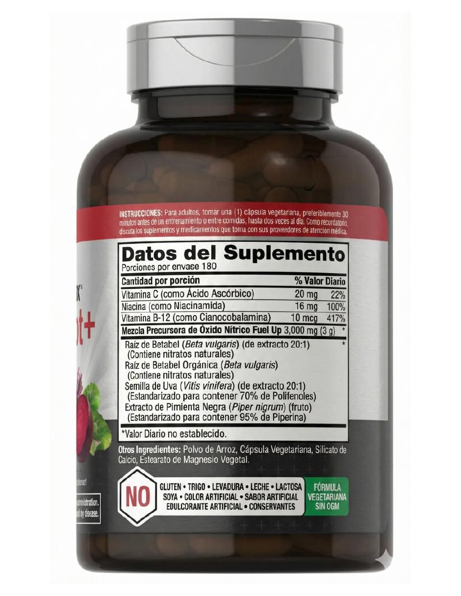 Óxido Nítrico Max con nitratos con betabel de 180 cápsulas 2