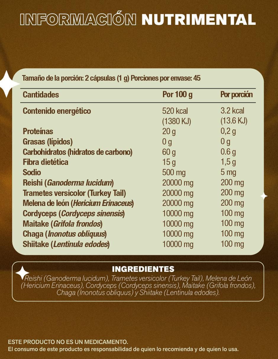 Adaptógenos Complex con hongo reishi, trametes versicolor, melena de león, cordyceps, maitake, chaga y shitake de 90 cápsulas 3
