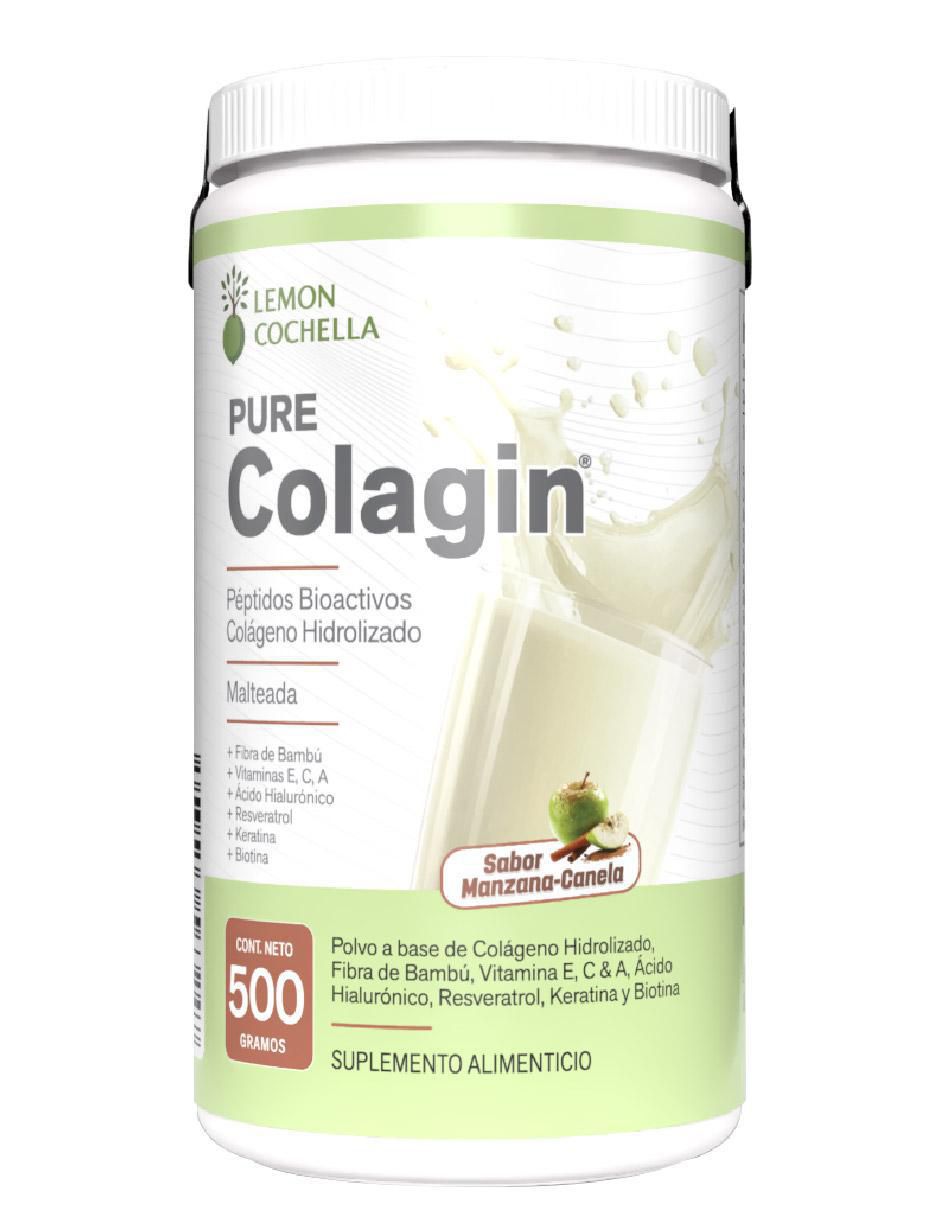 Pure colagin con colágeno hidrolizado, fibra de bambú, vitamina E, C y A, ácido hialurónico, resveratrol, keratina y biotina sabor manzana y canela de 500 G Pure colagin con colágeno hidrolizado, fibra de bambú, vitamina E, C y A, ácido hialurónico, resveratrol, keratina y biotina sabor manzana y canela de 500 G