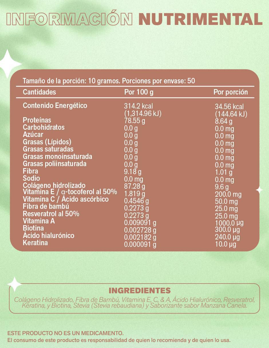 Pure colagin con colágeno hidrolizado, fibra de bambú, vitamina E, C y A, ácido hialurónico, resveratrol, keratina y biotina sabor manzana y canela de 500 G 2