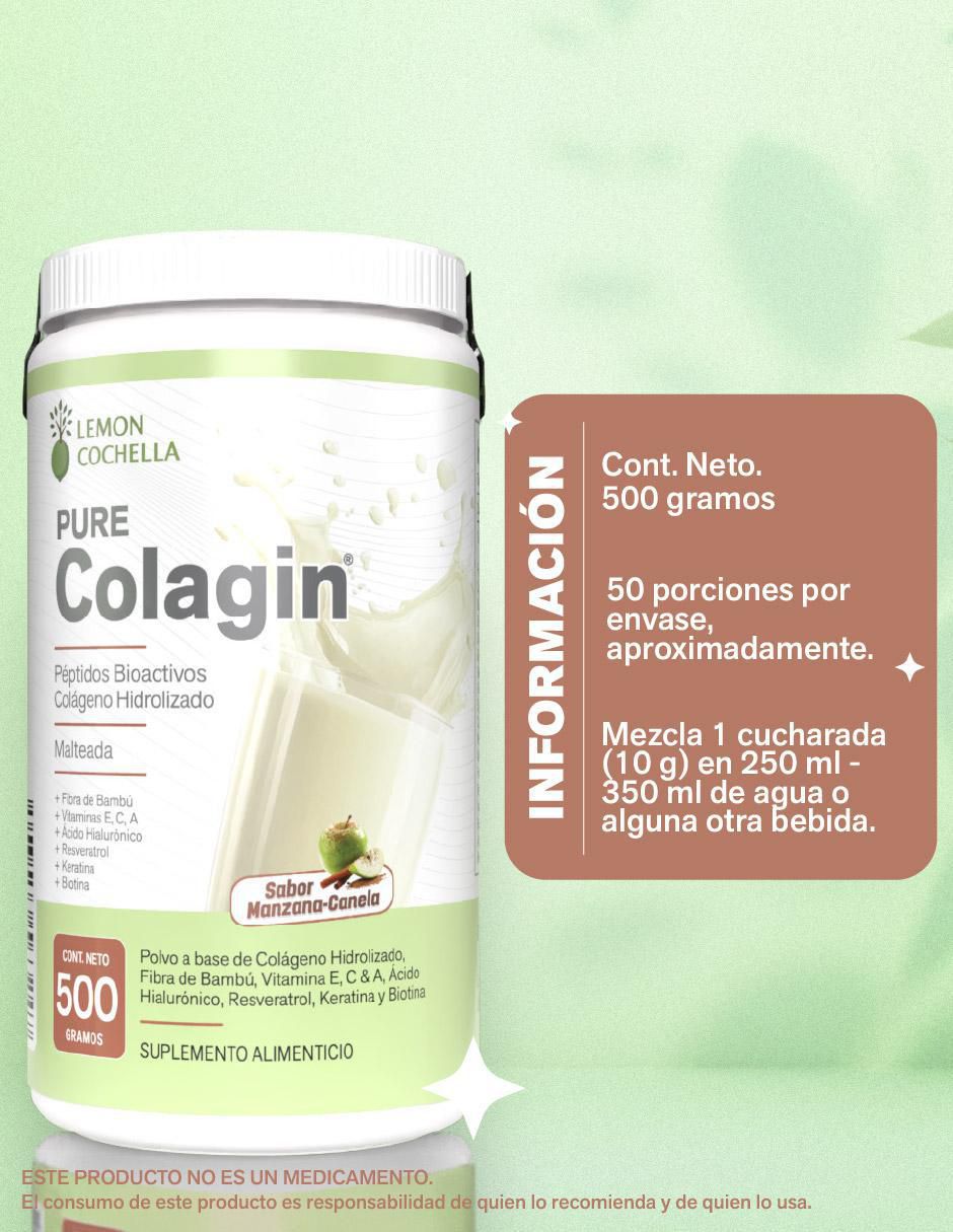 Pure colagin con colágeno hidrolizado, fibra de bambú, vitamina E, C y A, ácido hialurónico, resveratrol, keratina y biotina sabor manzana y canela de 500 G 3
