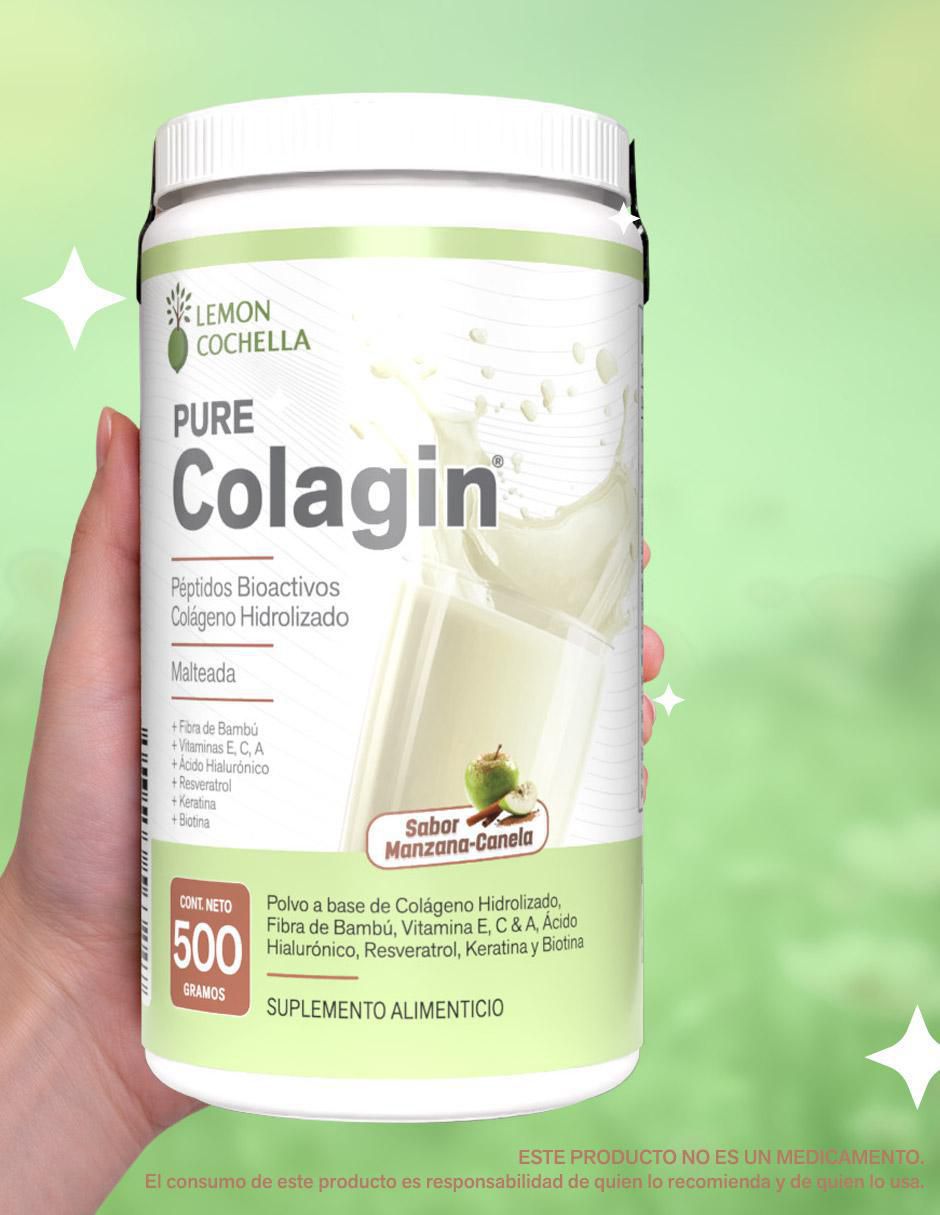 Pure colagin con colágeno hidrolizado, fibra de bambú, vitamina E, C y A, ácido hialurónico, resveratrol, keratina y biotina sabor manzana y canela de 500 G 4