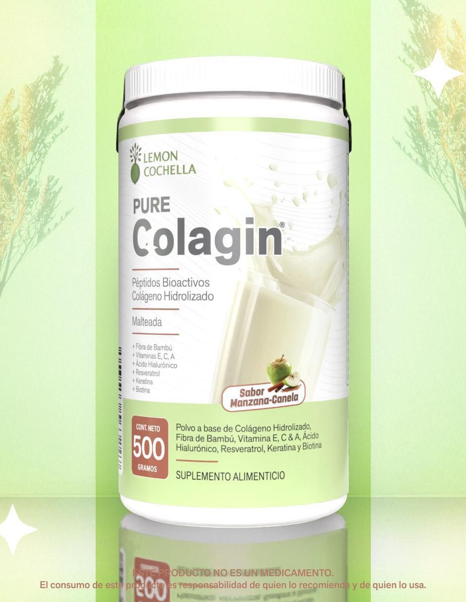 Pure colagin con colágeno hidrolizado, fibra de bambú, vitamina E, C y A, ácido hialurónico, resveratrol, keratina y biotina sabor manzana y canela de 500 G 5