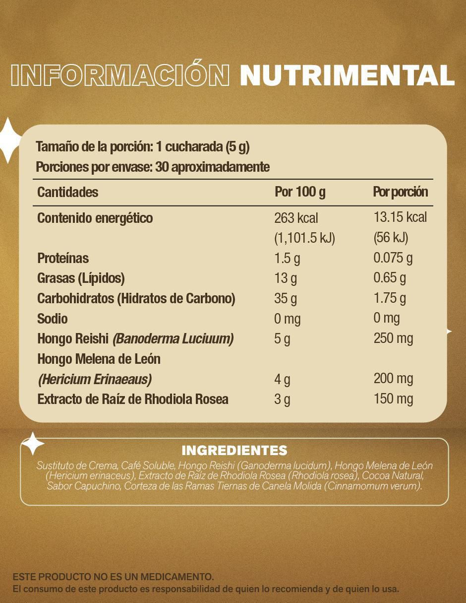 Café + adaptógenos con hongo reishi, melena de león y rodhiola rosea sabor capuccino de 150 g 5