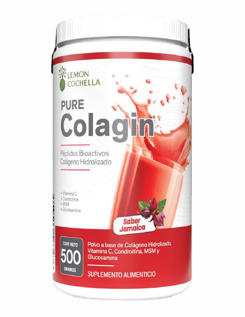 Pure colagin con péptidos bioactivos, cólageno hidrolizado, vitamina c condroitina, MSM y glucosamina sabor jamaica de 500 g