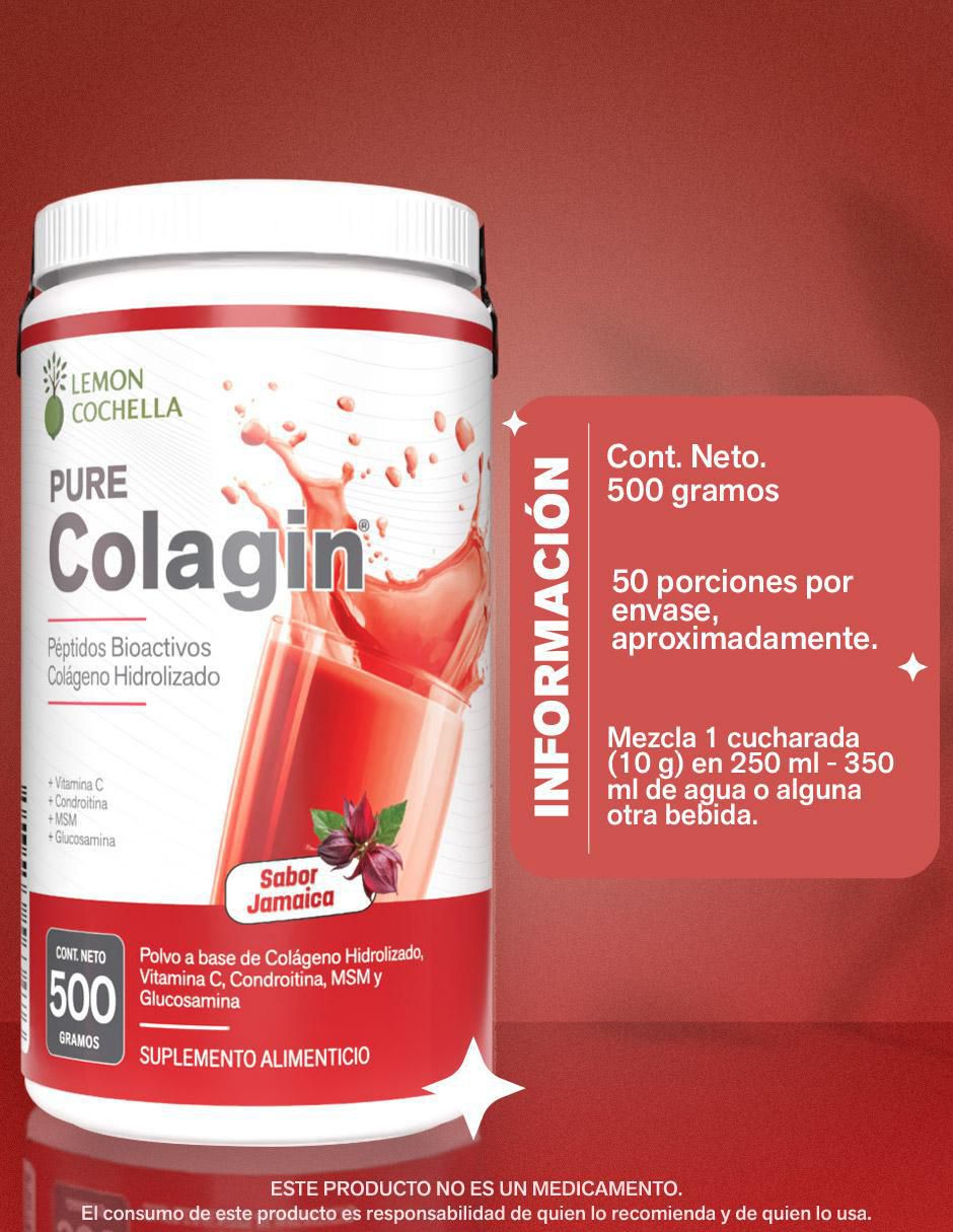 Pure colagin con péptidos bioactivos, cólageno hidrolizado, vitamina c condroitina, MSM y glucosamina sabor jamaica de 500 g 3